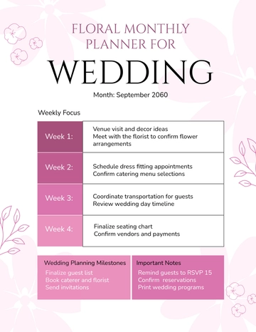Free Floral Monthly Planner for Wedding Template to Edit Online