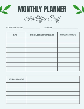 Free Monthly Planner for Office Staff Template to Edit Online