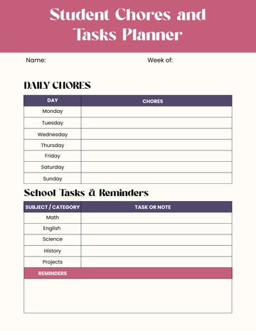 Free Student Chores and Tasks Planner Template to Edit Online
