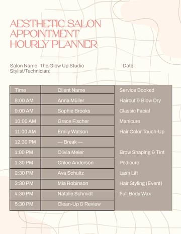 Free Aesthetic Salon Appointment Hourly Planner Template to Edit Online Free Aesthetic Salon Appointment Hourly Planner Template to Edit Online