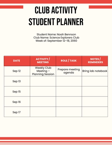 Free Club Activity Student Planner Template to Edit Online