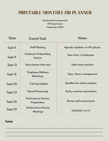 Free Printable Monthly HR Planner Template to Edit Online