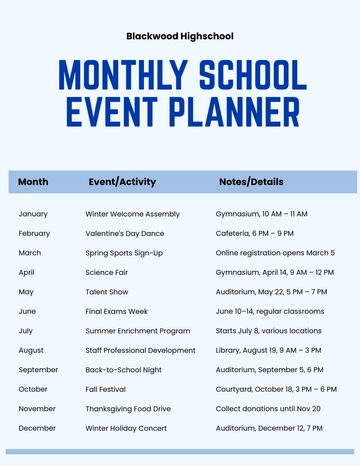 Free Monthly School Event Planner Template to Edit Online
