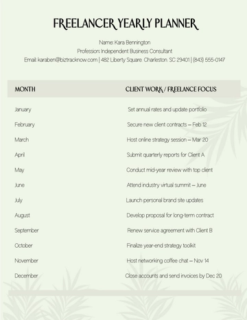 Free Freelancer Yearly Planner Template to Edit Online