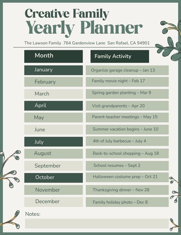 Free Creative Family Yearly Planner Template to Edit Online