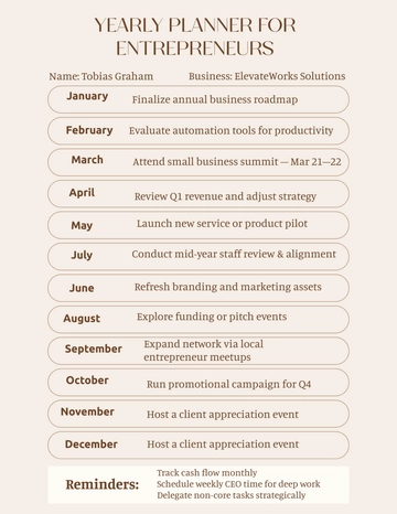 Free Yearly Planner for Entrepreneurs Template to Edit Online