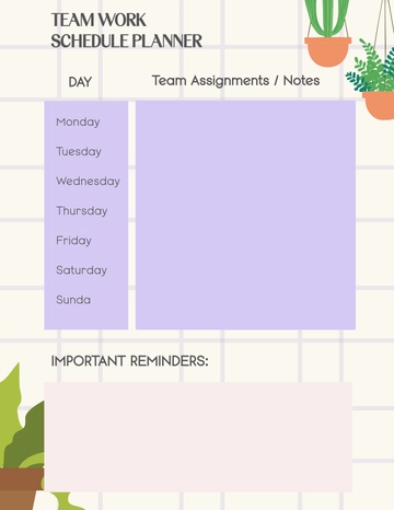 Free Simple Team Work Schedule  Planner Template to Edit Online