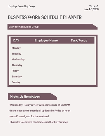 Free Work Schedule Planner for Business Template to Edit Online