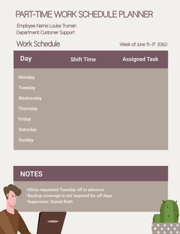 Free Part Time Work Schedule Planner Template to Edit Online