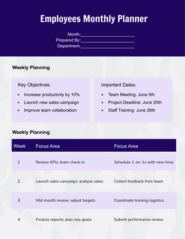 Free Employees Monthly Planner Template to Edit Online