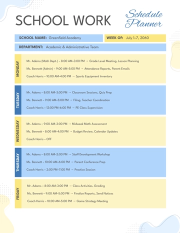 Free School Work Schedule Planner Template to Edit Online