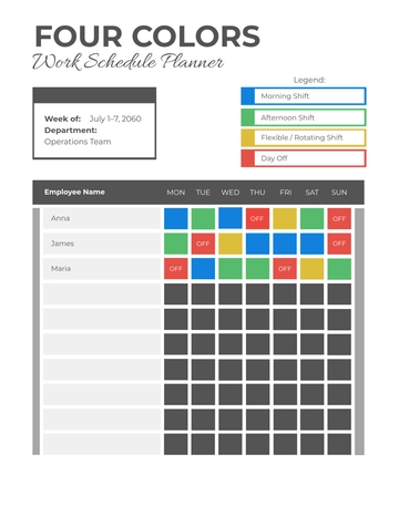 Free Four Colors Work Schedule Planner Template to Edit Online