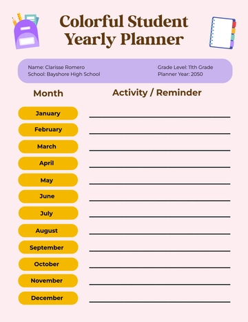Free Colorful Student Yearly Planner Template to Edit Online