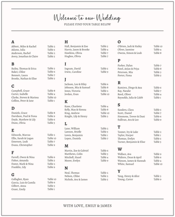 Free Alphabetical Wedding Seating Chart Template to Edit Online
