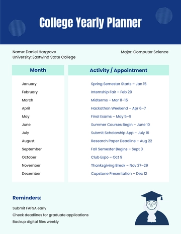 Free College Yearly Planner Template to Edit Online
