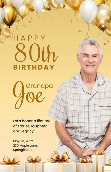 Free Golden Yellow 80th Birthday Poster Template to Edit Online