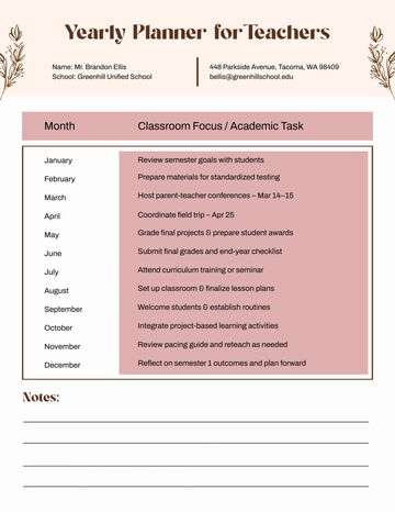 Free Yearly Planner for Teachers Template to Edit Online