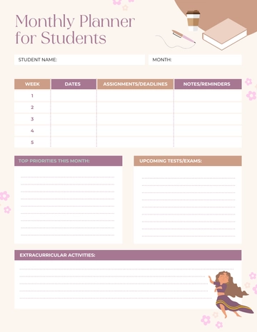 Free Monthly Planner Template for Students to Edit Online