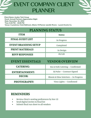 Free Event Company Client Planner Template to Edit Online