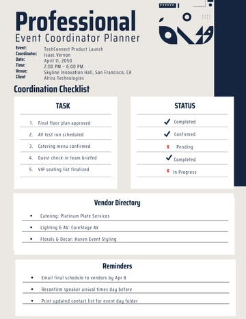 Free Professional Event Coordinator Planner Template to Edit Online