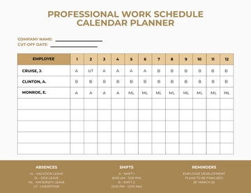 Free Professional Work Schedule Calendar Planner Template to Edit Online