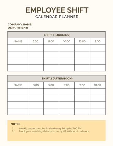 Free Employee Shift Calendar Planner Template to Edit Online