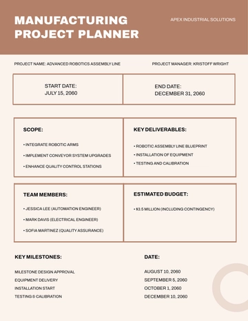 Free Manufacturing Project Planner Template to Edit Online