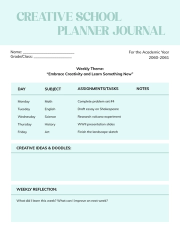 Free Creative School Planner Journal Template to Edit Online