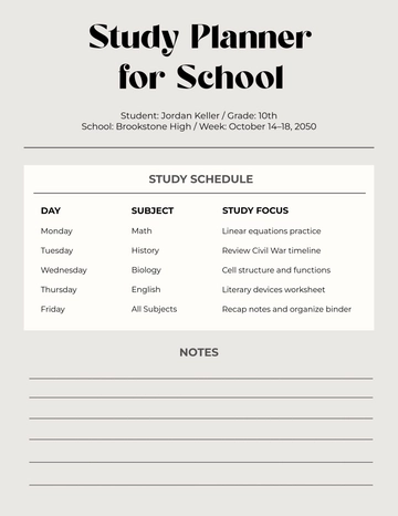 Free Study Planner for School Template to Edit Online