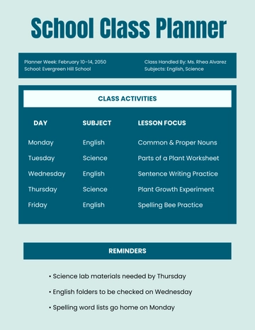 Free School Class Planner Template to Edit Online