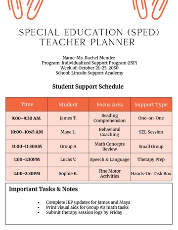 Free Special Education (SPED) Teacher Planner Template to Edit Online