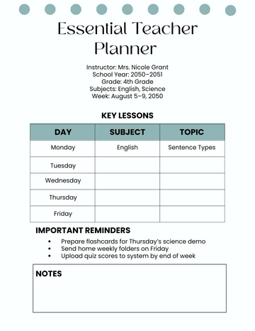 Free Essential Teacher Planner Template to Edit Online