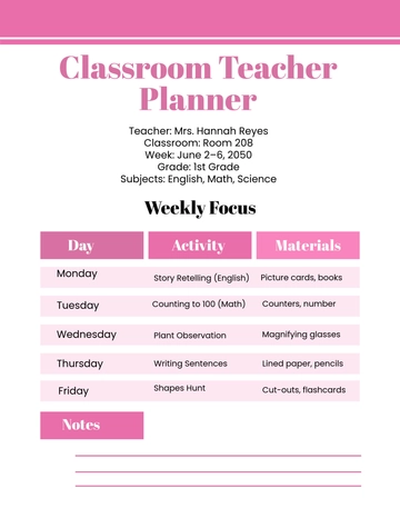 Free Classroom Teacher Planner Template to Edit Online