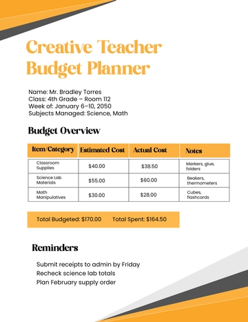 Free Creative Teacher Budget Planner Template to Edit Online