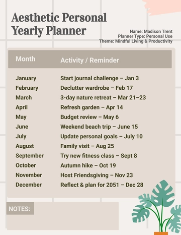 Free Aesthetic Personal Yearly Planner Template to Edit Online