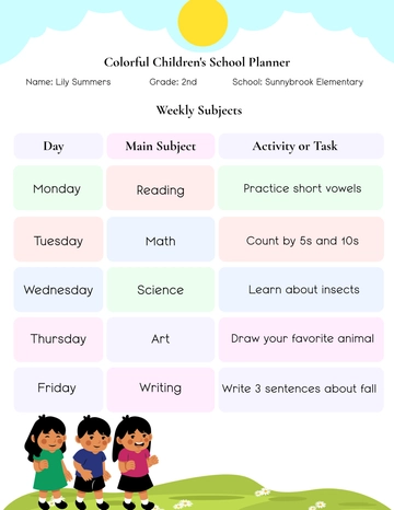 Free Colorful Children's School Planner Template to Edit Online