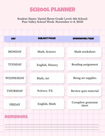Free School Planner Template to Edit Online