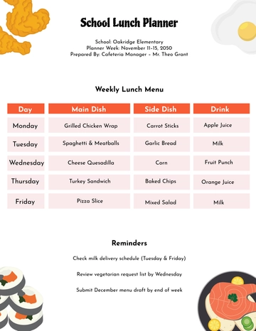 Free School Lunch Planner Template to Edit Online