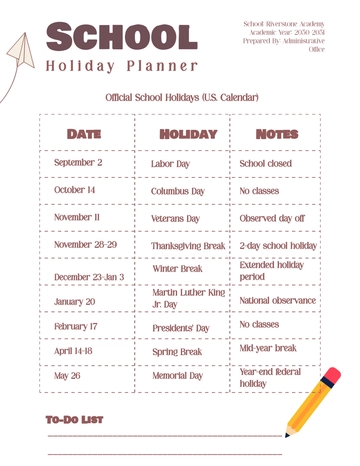 Free School Holiday Planner Template to Edit Online