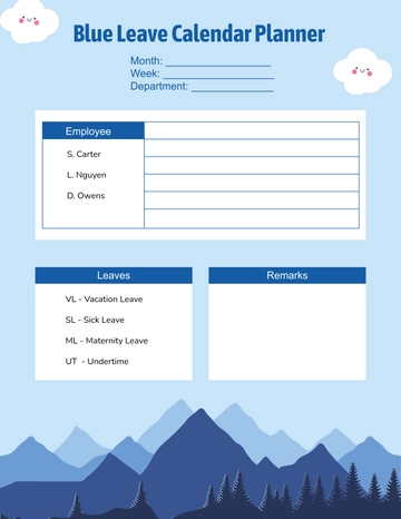 Free Blue Leave Calendar Planner Template to Edit Online
