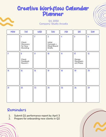 Free Creative Workflow Calendar Planner Template to Edit Online