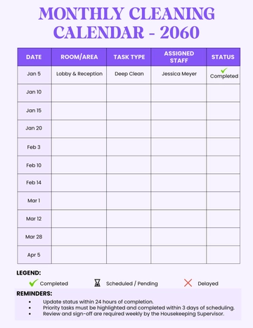 Free Hotel Cleaning Calendar Planner Template to Edit Online