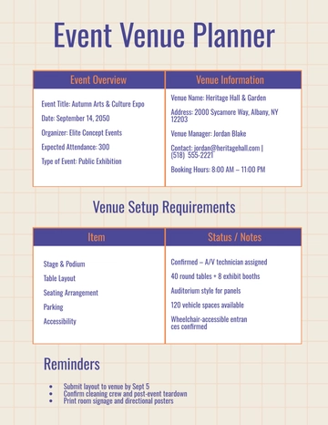 Free Event Venue Planner Template for Organizer to Edit Online
