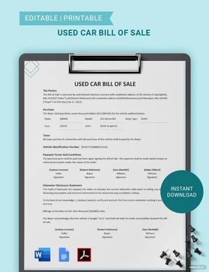 Used Car Bill of Sale Template
