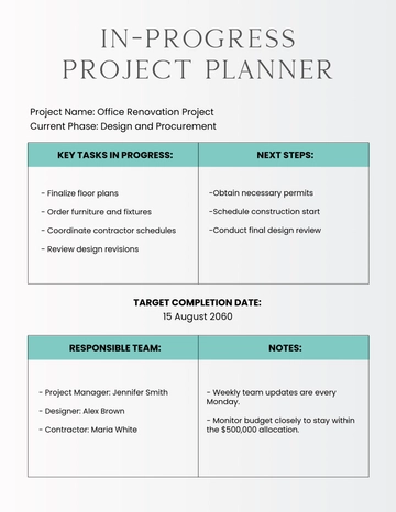 Free In-Progress Project Planner Template to Edit Online