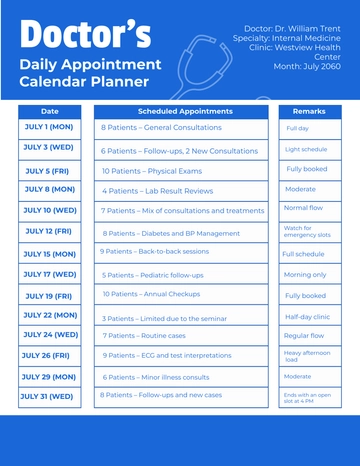 Free Doctor’s Daily Appointment Calendar Planner Template to Edit Online