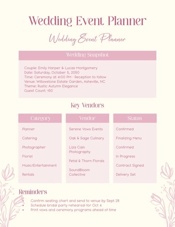 Free Wedding Event Planner Template to Edit Online