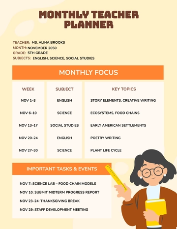 Free Monthly Teacher Planner Template to Edit Online
