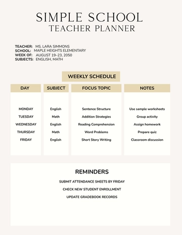 Free Simple School Teacher Planner Template to Edit Online