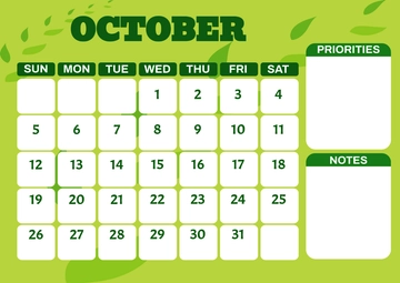 Free Green October 2025 Fall Calendar Template to Edit Online